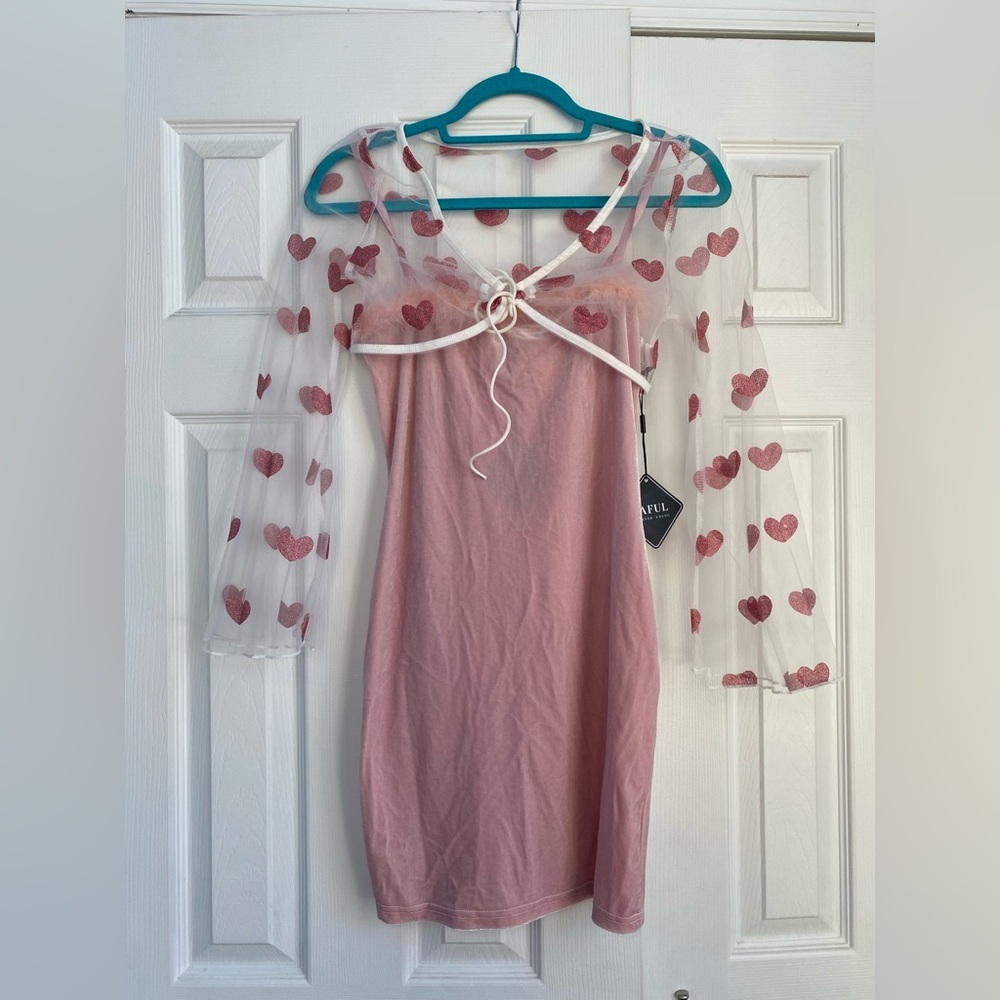 Zafir Forever Young Pink velvet Dress with Sheer Heart Sleeves